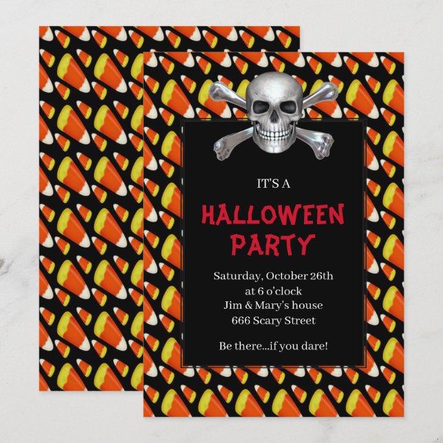 Skull And Crossbones Candy Corn Halloween Party Invitation (Front/Back)