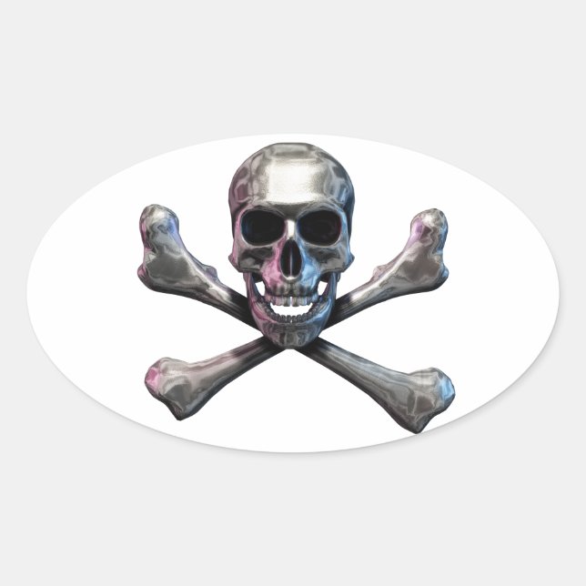 Skull and Crossbones Chrome Oval Sticker (Front)