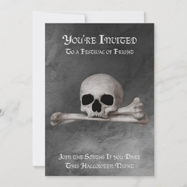 Skull and Crossbones on Grey Halloween Invitation (Front)