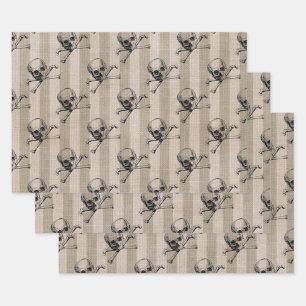 Skull and Crossbones on Tan Striped Wrapping Paper Sheet