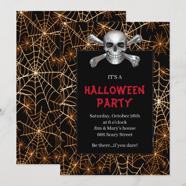 Skull And Crossbones Orange Cobweb Halloween Party Invitation (Front/Back)