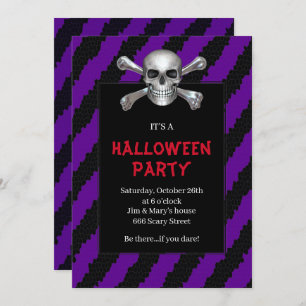 Skull And Crossbones Purple Stripe Halloween Party Invitation