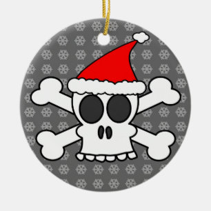 Skull and Crossbones Santa Hat Grey Snowflakes Ceramic Ornament