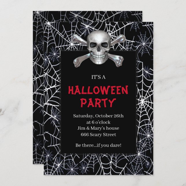 Skull And Crossbones White Cobweb Halloween Party Invitation (Front/Back)