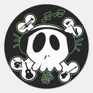 SKULL AND CROSSBONES WITH HEADPHONES CLASSIC ROUND STICKER
