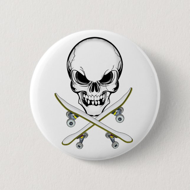 Skull and Crossed Skateboards  Button (Front)