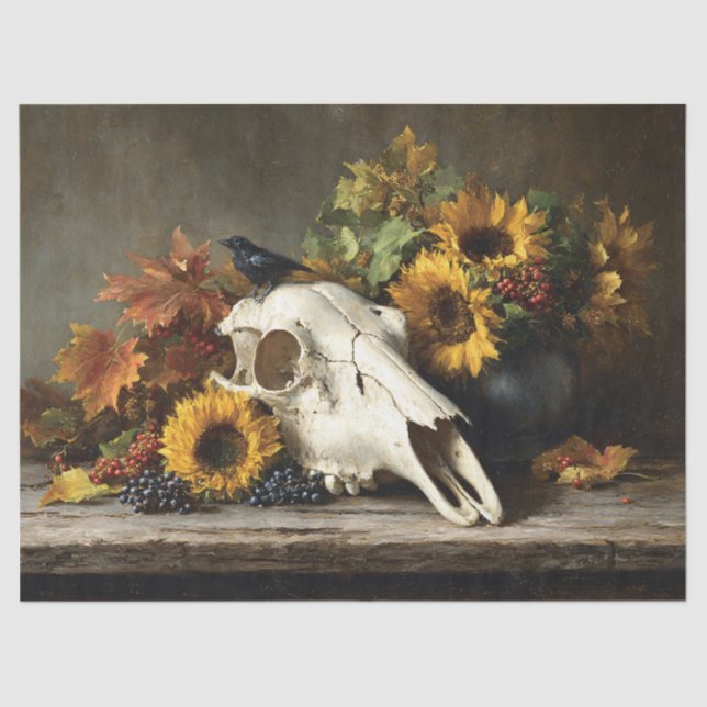 Skull and Crow Autumn Still Life Decoupage Tissue Paper (Front)