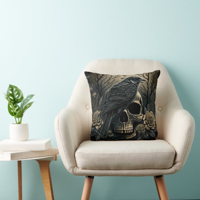 Skull and Crow Motif Design Pillow (Chair)