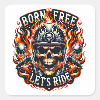 Skull and Flames Motorcycle Emblem Square Sticker