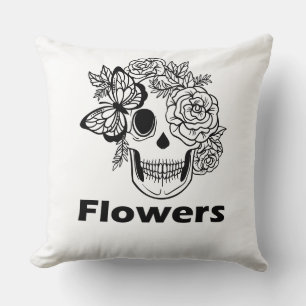 Skull and Flowers black and white Throw Pillow