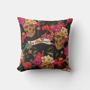 Skull and Flowers Day of The Dead Seamless Backgro Throw Pillow