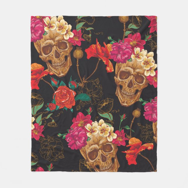 Skull and Flowers Seamless Background Fleece Blanket (Front)