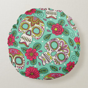 Skull and Flowers. Seamless Background. Mexican da Round Pillow