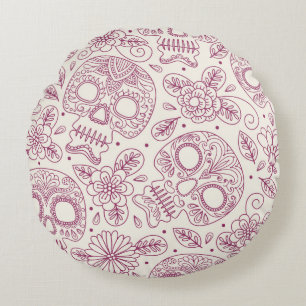 Skull and Flowers. Seamless Background. Mexican da Round Pillow