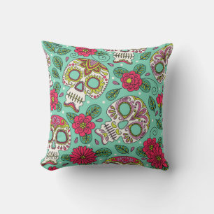 Skull and Flowers. Seamless Background. Mexican da Throw Pillow