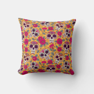 Skull and Flowers. Seamless Background. Mexican da Throw Pillow