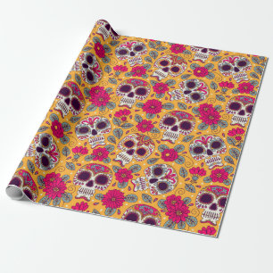 Skull and Flowers. Seamless Background. Mexican da Wrapping Paper