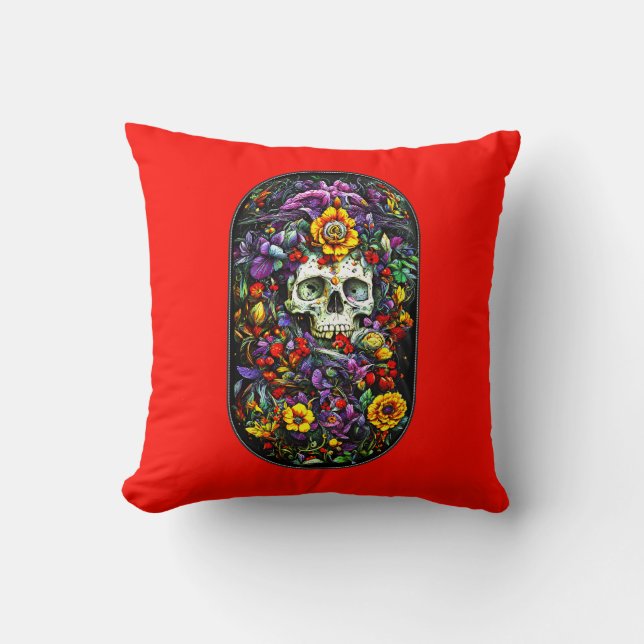 Skull and Flowers Throw Pillow (Front)