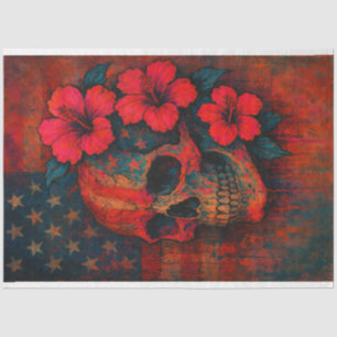Skull and Hibiscus on Flag Red Decoupage Paper