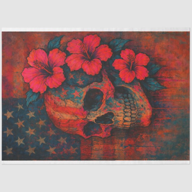 Skull and Hibiscus on Flag Red Decoupage Paper (Front)