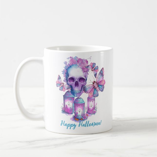 Skull and Moths Halloween Coffee Mug (Left)