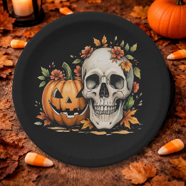 Skull and Pumpkin Art Paper Plate
