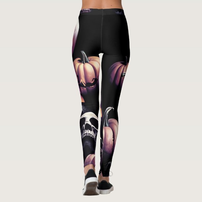 Skull and pumpkins, Halloween theme, dark colour Leggings (Back)
