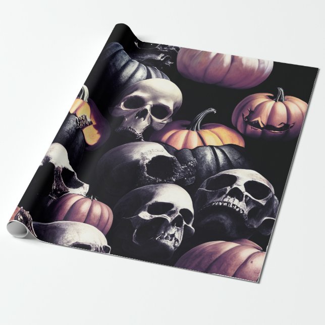 Skull and pumpkins, Halloween theme, dark colour Wrapping Paper (Unrolled)