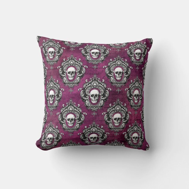 Skull and Purple Gothic Throw Pillow (Front)