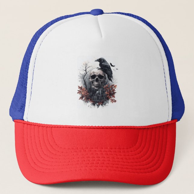 Skull and Raven Prophecy Trucker Hat (Front)