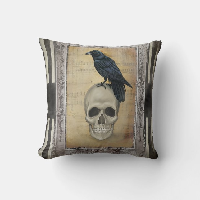 Skull and Raven Throw Pillow (Front)