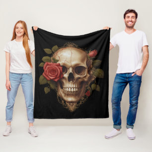 Skull and red roses fleece blanket