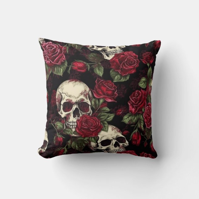 Skull And Red Roses Gothic Floral Throw Pillow (Front)