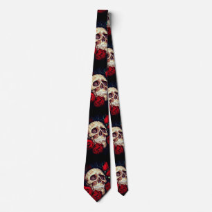 skull and red roses mens tie