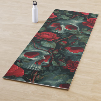 Skull and Red Roses Pattern – Dark Floral Design Yoga Mat