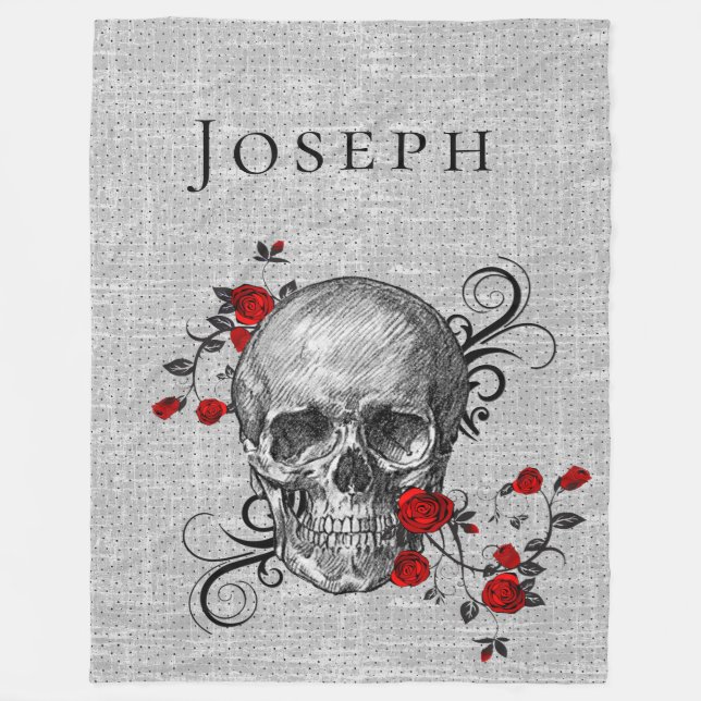 Skull And Red Roses Personalized Fleece Blanket (Front)