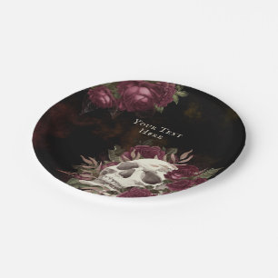 Skull and Roses Burgundy Black Grunge Personalized Paper Plate