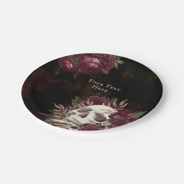 Skull and Roses Burgundy Black Grunge Personalized Paper Plate (Angled)