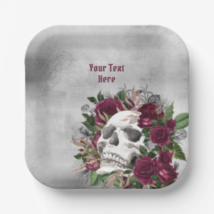 Skull and Roses Burgundy Maroon Grey Personalized Paper Plate