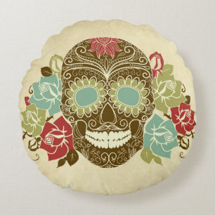 Skull And Roses, Colourful Day Of The Dead Card 2 Round Pillow