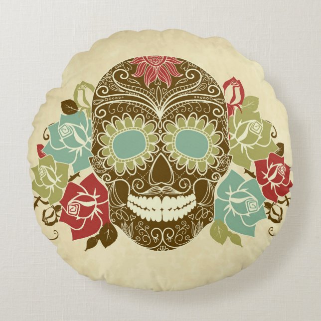 Skull And Roses, Colourful Day Of The Dead Card 2 Round Pillow (Front)