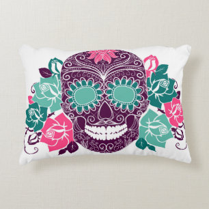 Skull And Roses, Colourful Day Of The Dead Card 3 Decorative Pillow