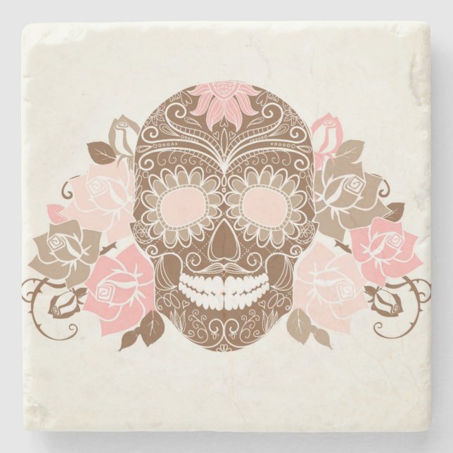 Skull And Roses, Colourful Day Of The Dead Card Stone Coaster (Front)