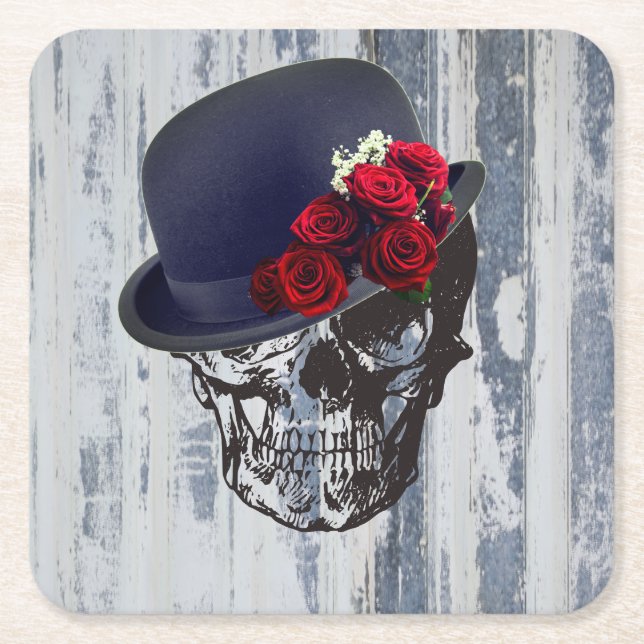 Skull and Roses Square Paper Coaster (Front)