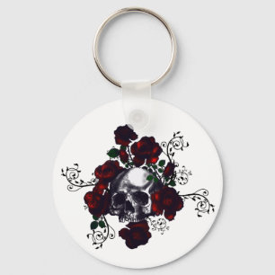 Skull and Roses Tattoo Style Goth Art Keychain