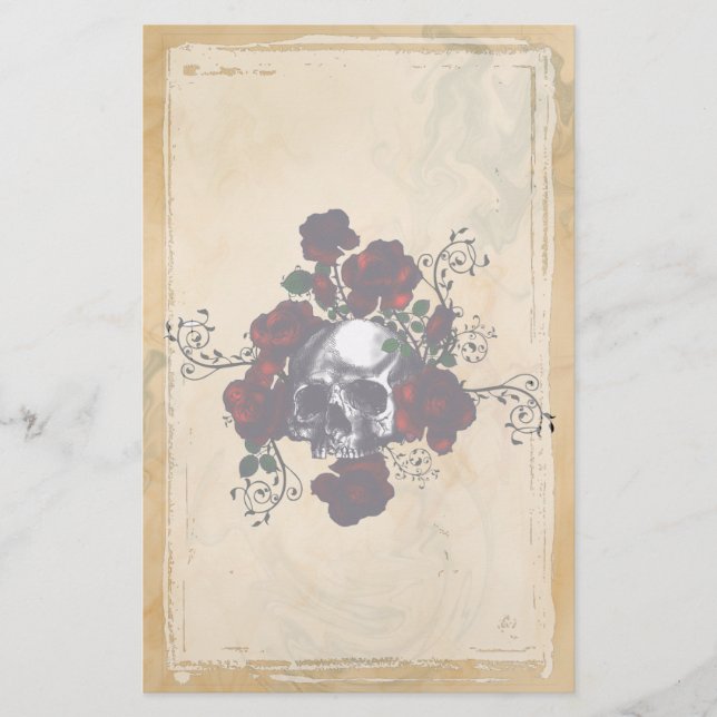 Skull and Roses Tattoo Style Goth Art Stationery (Front)