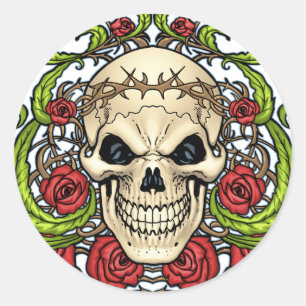 Skull and Roses with Crown Of Thorns by Al Rio Classic Round Sticker
