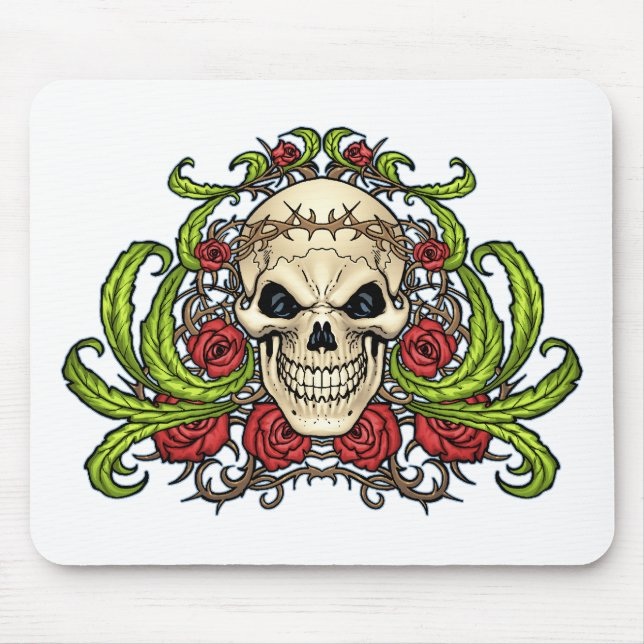 Skull and Roses with Crown Of Thorns by Al Rio Mouse Pad (Front)