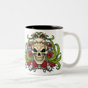 Skull and Roses with Crown Of Thorns by Al Rio Two-Tone Coffee Mug
