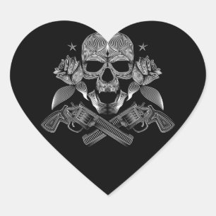 Skull and Stars with Roses and Crossed Guns Heart Sticker